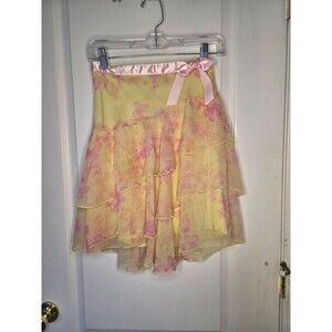 Y2K Yellow Pink Butterfly Print Tiered Chiffon Mini Skirt  Cottagecore Fairycore